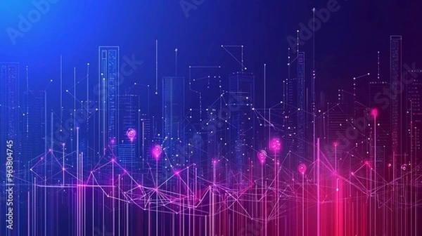 Obraz 
Smart digital city with globalization abstract graphic showing connection network. Concept of future 5G smart wireless digital city and good social media networking systems