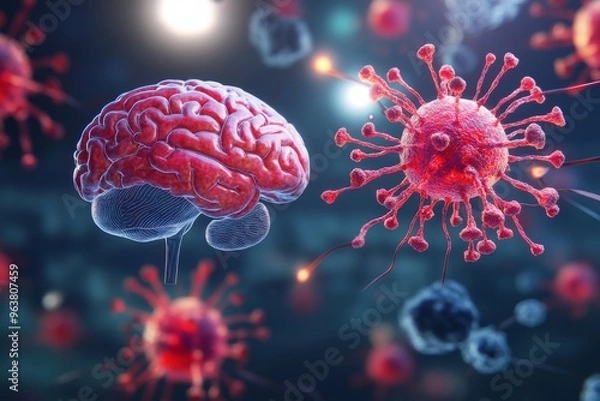 Fototapeta Glial cells neural coding and neurolinguistics conceptual visualization of brain cells and viral particles representing the intersection of neuroscience and virology
