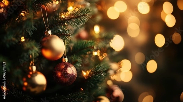 Obraz Christmas Tree With Baubles And Blurred Shiny Lights