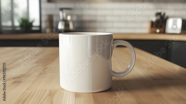 Fototapeta 木製テーブルに乗った白いコーヒーマグカップのモックアップとキッチン背景をリアルに描いたAI生成画像