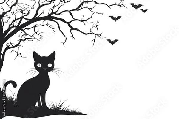 Fototapeta Fundo fotográfico de Halloween com ilustração de um gatinho preto observando, perfeito para criar composições misteriosas e mágicas. Ideal para projetos criativos e designs de Halloween