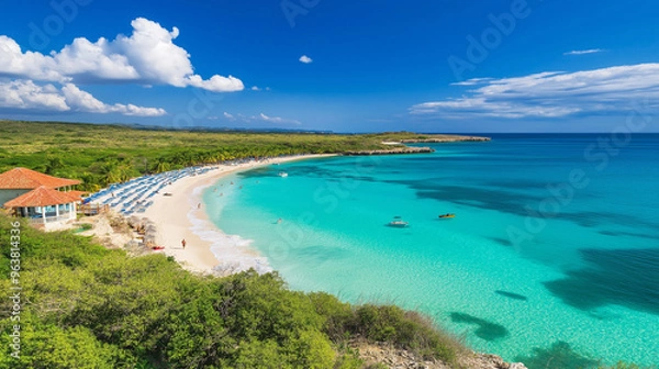 Fototapeta Playa Paraiso Beach is beautiful, the sea is beautiful, the sky is clear, the clouds are beautiful, and nature is beautiful.