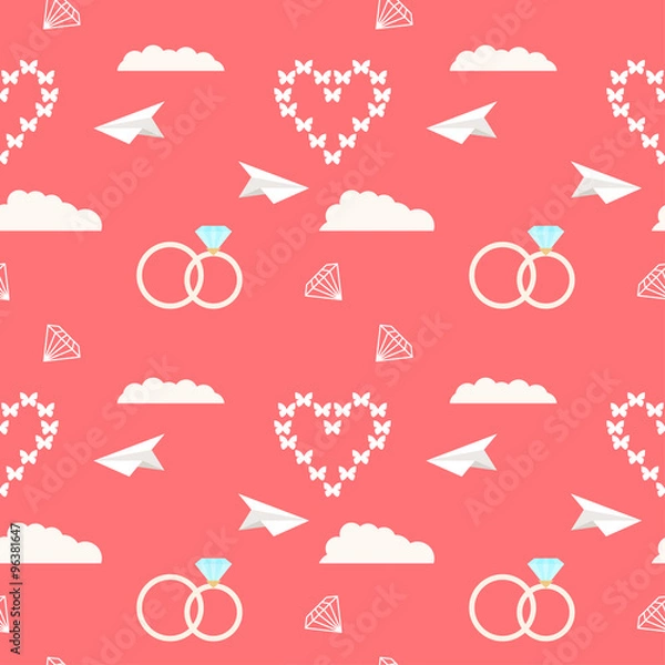 Fototapeta wedding seamless romantic decorative pattern background with cartoon rings and hearts isolated on bright pink