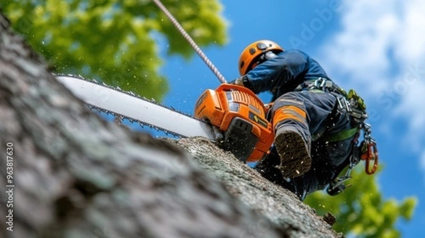 Fototapeta Lumberjack Cutting Tree with Chainsaw   Tree Service   Professional Arborist