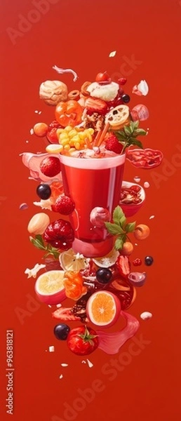 Obraz Vibrant red smoothie surrounded by various fruits and ingredients, capturing the essence of freshness in a fun and dynamic composition.
