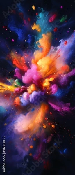 Obraz Vivid explosion of colorful powder on dark background. Bright, vibrant abstract design showcasing dynamic motion and creative expression.