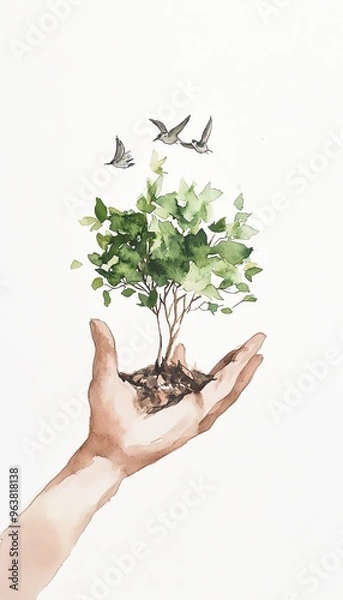 Obraz Watercolor painting of a hand holding a small tree with birds flying above, symbolizing nature, growth, and sustainability.