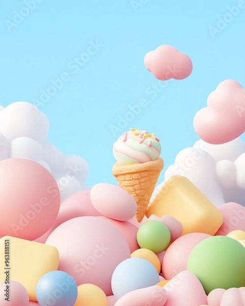 Obraz Whimsical and colorful ice cream cone surrounded by soft, fluffy clouds and marshmallow-like shapes on a bright, clear blue sky.