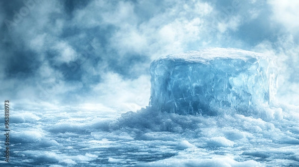 Fototapeta clear, minimalist crystal ice podium stands on a glacial surface, surrounded by frost. The scene conveys purity, elegance, and cold beauty, making it ideal for luxury product display and branding conc