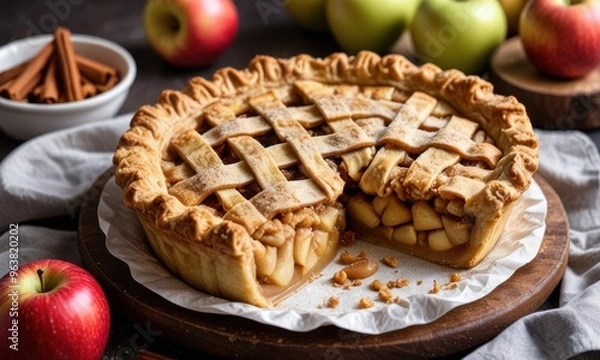 Fototapeta A freshly baked apple pie with a golden, flaky crust and a dusting of cinnamon sugar..