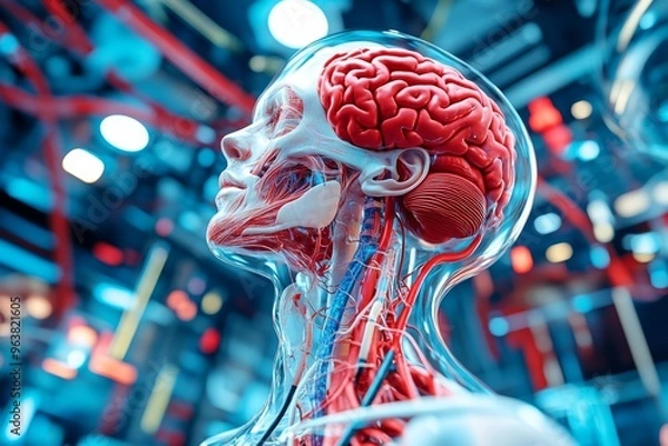 Fototapeta Neuroimaging techniques myelination and autonomic nervous system conceptual anatomical rendering of a human head with exposed muscles and nerves symbolizing the fusion of technology and biology