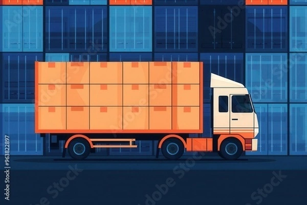 Fototapeta Illustration of a cargo truck against a backdrop of stacked shipping containers, representing logistics and transportation.