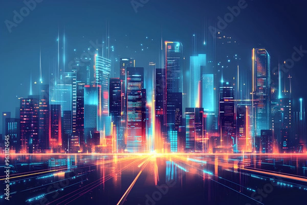 Fototapeta A vibrant, futuristic cityscape at night, illuminated with neon lights and glowing lines, conveying a sense of progress and technological advancement.