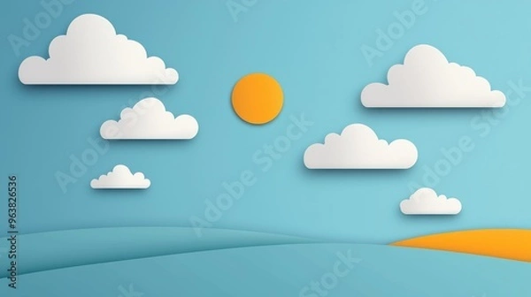 Fototapeta Minimalistic Weather Conditions Illustration with Sun and Clouds in a Clear Blue Sky