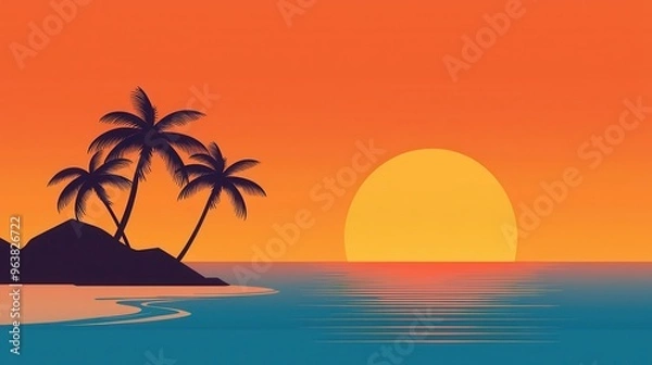 Obraz Stunning Tropical Sunset Over Calm Ocean with Silhouetted Palm Trees and Vibrant Orange Sky