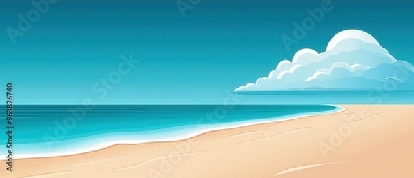 Fototapeta Serene Coastal Weather Conditions with Clear Blue Sky and Puffy Clouds Over a Tranquil Beach