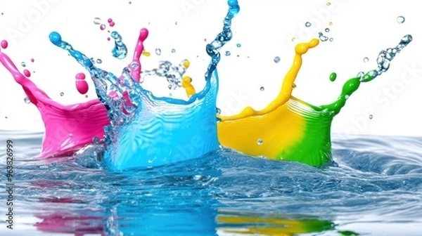 Obraz Vibrant paint splashes create lively patterns in water, showcasing a mesmerizing blend of colors and movement in an artistic space