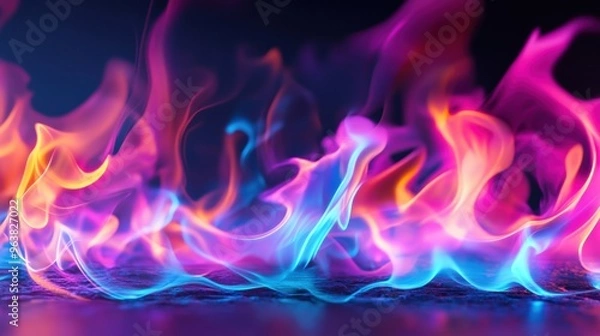 Fototapeta Blue and purple flames flicker and swirl against a dark backdrop, showcasing their vibrant colors and mesmerizing movement