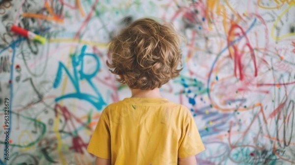 Fototapeta A young child joyfully draws with markers on a wall filled with colorful designs in a vibrant, creative space