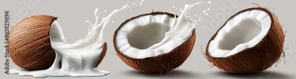 Fototapeta Set of coconut with milk splash, isolated on a white background, vector illustration design. Vector illustration, isolated on a white background.