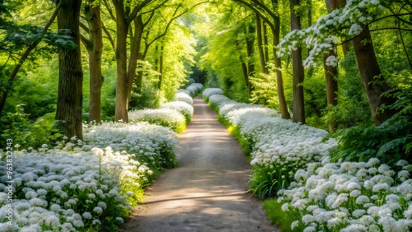 Fototapeta Serene forest path lined with vibrant white flowers.
Sunlit path through a lush green forest, adorned with a carpet of white blooms.