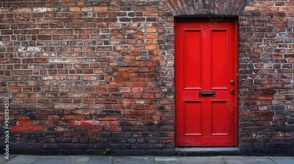 Fototapeta A bold red door set in a textured bricked wall, creating an elegant contrast in this architectural scene.