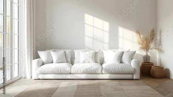 Obraz Minimalist living room interior with white sofa, large window, and natural light.