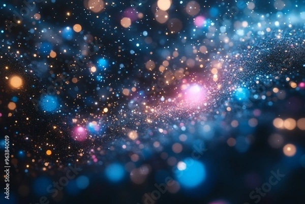 Fototapeta Cosmic network neural design and glowing connections sparkling blue and pink particles in a digital cosmic background representing the vastness of space and star clusters