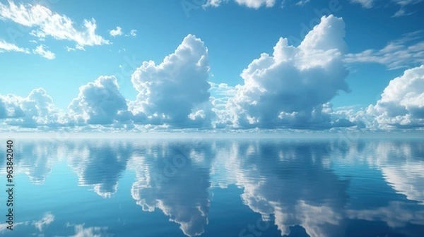 Fototapeta 3d animation abstract seascape backgroun3d time lapse of white clouds slowly pass by in the blue sky reflect in the calm water relaxing nature scenery