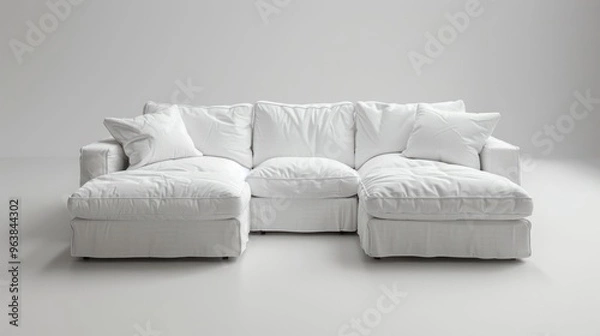 Fototapeta A white sectional sofa with plush cushions and a tufted design, isolated on a white background.