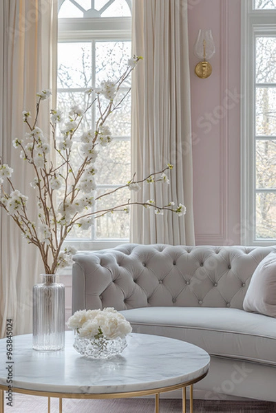 Fototapeta Living room interiors in modern French houses with gray sofas and cushions in a living room finished with light pink walls. Generative AI
