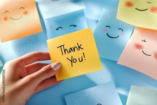 Fototapeta Thank You Note on Yellow Sticky Held by Hand Surrounded by Happy Faces on Colorful Sticky Notes Concept of Gratitude and Positivity.