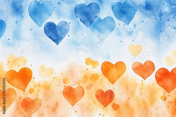 Obraz Watercolor blue and orange hearts background