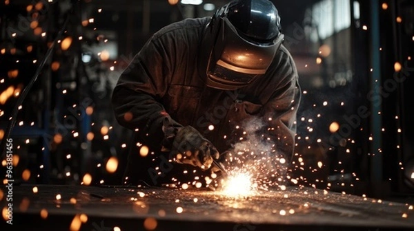 Fototapeta A skilled worker welds with precision in a factory, sparks flying, highlighting expertise and industrial skill.