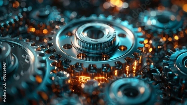 Fototapeta hyper realistic mechanical gear in three quarter angle, studio light coming screen right