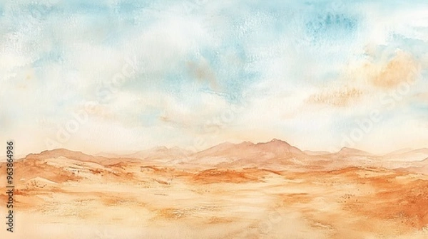 Fototapeta Tranquil Desert Hues - Abstract Watercolor Landscape with Warm Browns and Oranges Blending into Soft Blue Sky