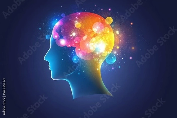 Fototapeta Hemispheric processing cerebral flow and glowing synapses abstract digital head with floating colorful orbs and light trails symbolizing cognitive thought processes