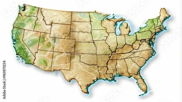 Fototapeta A crystal-clear, pin-sharp image of the US map, set against a pure white background to accentuate precise state borders and geographical features.