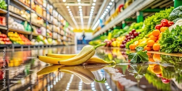 Fototapeta A giant banana peel slipping on a wet floor, surrounded by fruit and vegetables, with a blurred background to emphasize the action, in a supermarket setting.