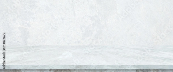 Fototapeta Empty white marble table over white cement wall background, White shelf, counter for food and product display montage backdrop, banner, mockup, template
