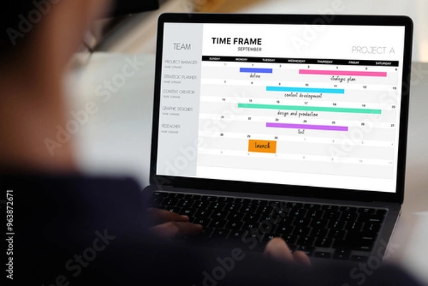 Fototapeta Laptop computer with timeline project schedule, work plan mangement, on screen at office background