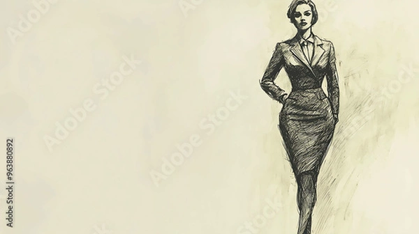Fototapeta Hand drawn sketch of a woman in a suit.