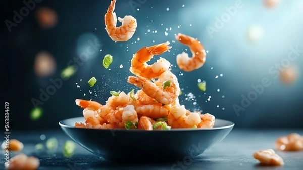 Obraz Fresh shrimp jumping into a bowl, creating a vibrant culinary spectacle with a sprinkle of seasoning and a touch of green herbs.