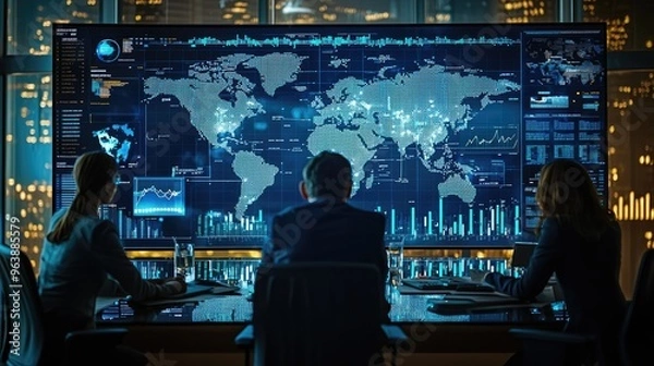 Fototapeta Business Team Analyzing Global Data on Large Digital Screen in Modern Office at Night