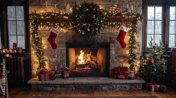 Fototapeta Cozy Christmas Stone Fireplace with Stockings, Garland, and Presents in a Festive Living Room