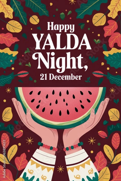 Obraz Vibrant Yalda Night Celebration with Pomegranates, Candles, and Watermelon Design