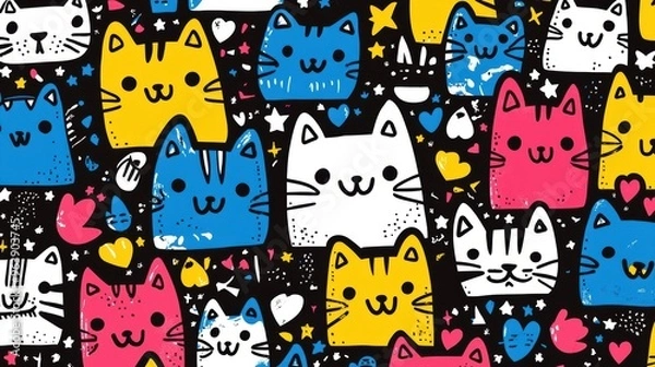 Fototapeta Cute Cartoon Cat Pattern   Black Background  Colorful Kittens  Doodle Hearts and Stars