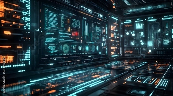Obraz A Futuristic Computer-Themed Wallpaper Featuring a Sleek Digital Interface