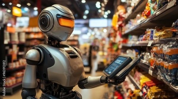 Fototapeta Robotic Retail Assistant Scanning Store Shelves with Digital Display