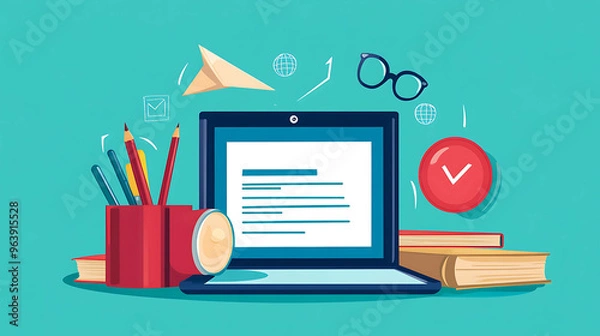 Fototapeta A laptop, books, pencils, and a paper airplane on a blue background, representing online learning.